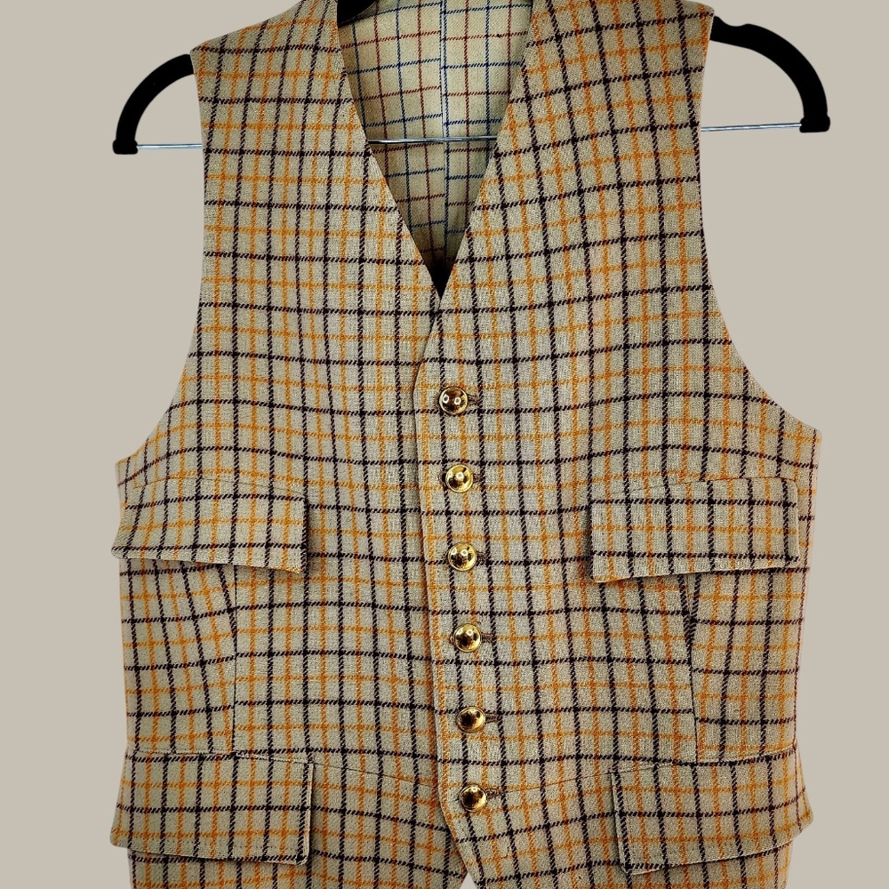 - Wool - Plaid Vintage Vest,brass button small.
